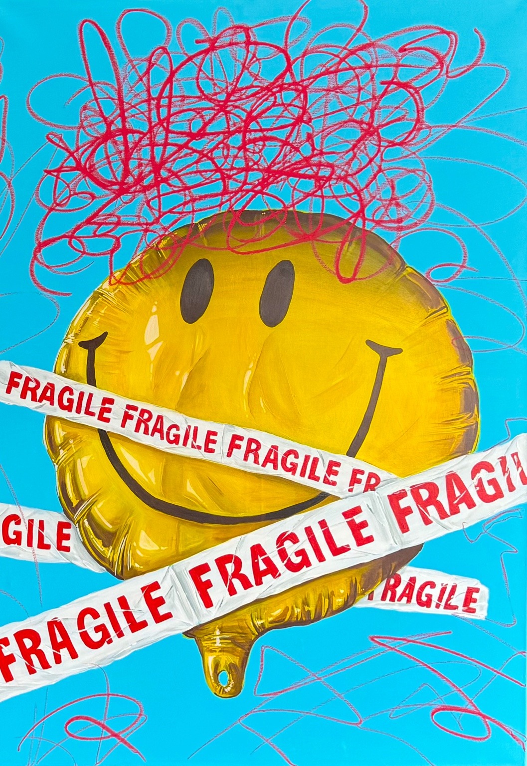 Ein gelber Ballon-Smiley zwischen Fragile-Tape und pinken Linien.
